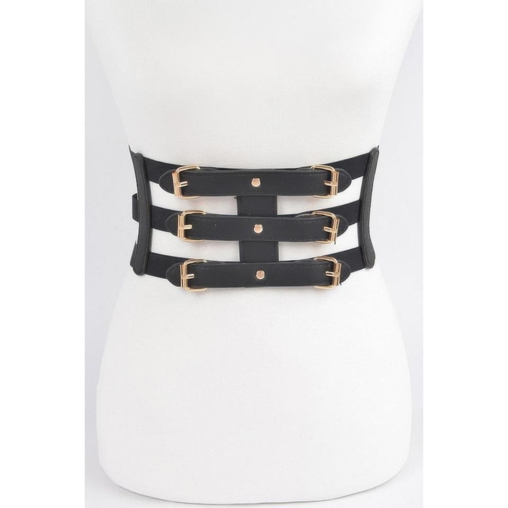 Womens‎ Wide Elastic Corset Belt Black Gold Buckle Statement Waist Cincher